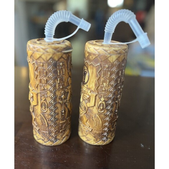 SET 2 Whirley Tiki Plastic Drink Cruise Ship Tumbler Lid Straw Raised Hut Design - Picture 2 of 6
